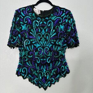 Vintage Laurence Kazar Beaded sequin Silk Top – Peacock Glam Party‎ L 80s teal